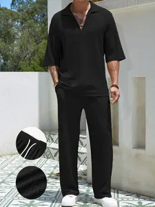 Men's Solid Color Half Button Shirt & Pants Set, Casual Business Style, Comfortable Fabric for Daily Wear