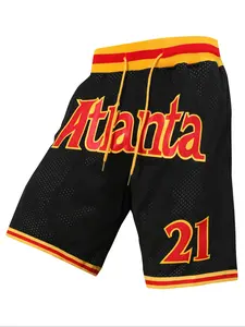 Men's 21 Black Vintage Embroidered Zipper Basketball Shorts, Casual Fitted Training Pants for Spring & Fall, Moderate Fabric, Jersey Shorts