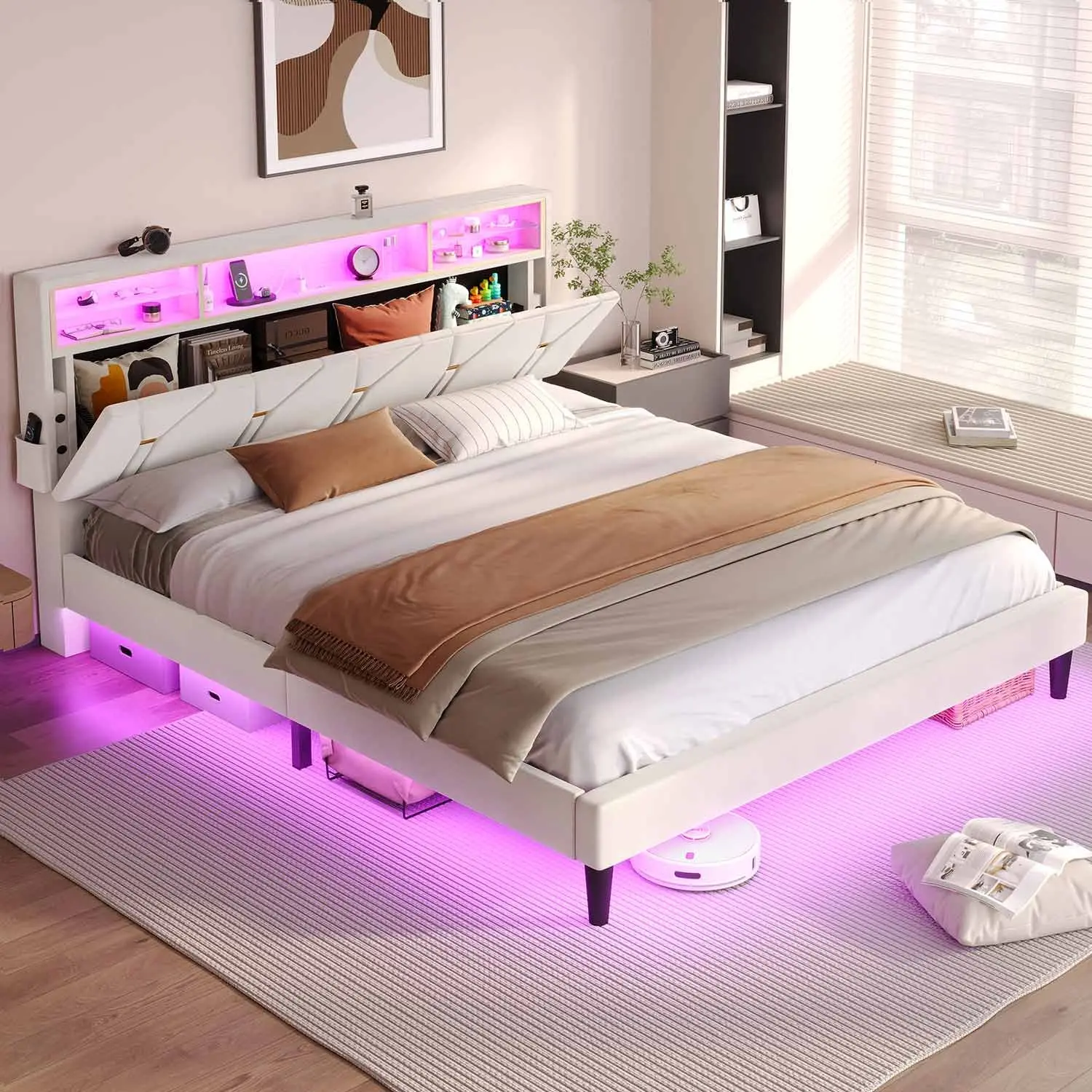SIKAIC Modern White PU Leather LED Bed Frame with LED Light Strips, Glass Storage Headboard, Charging Station, Convenient Wood Base Fast-Install Upholstered Platform Bed Frame