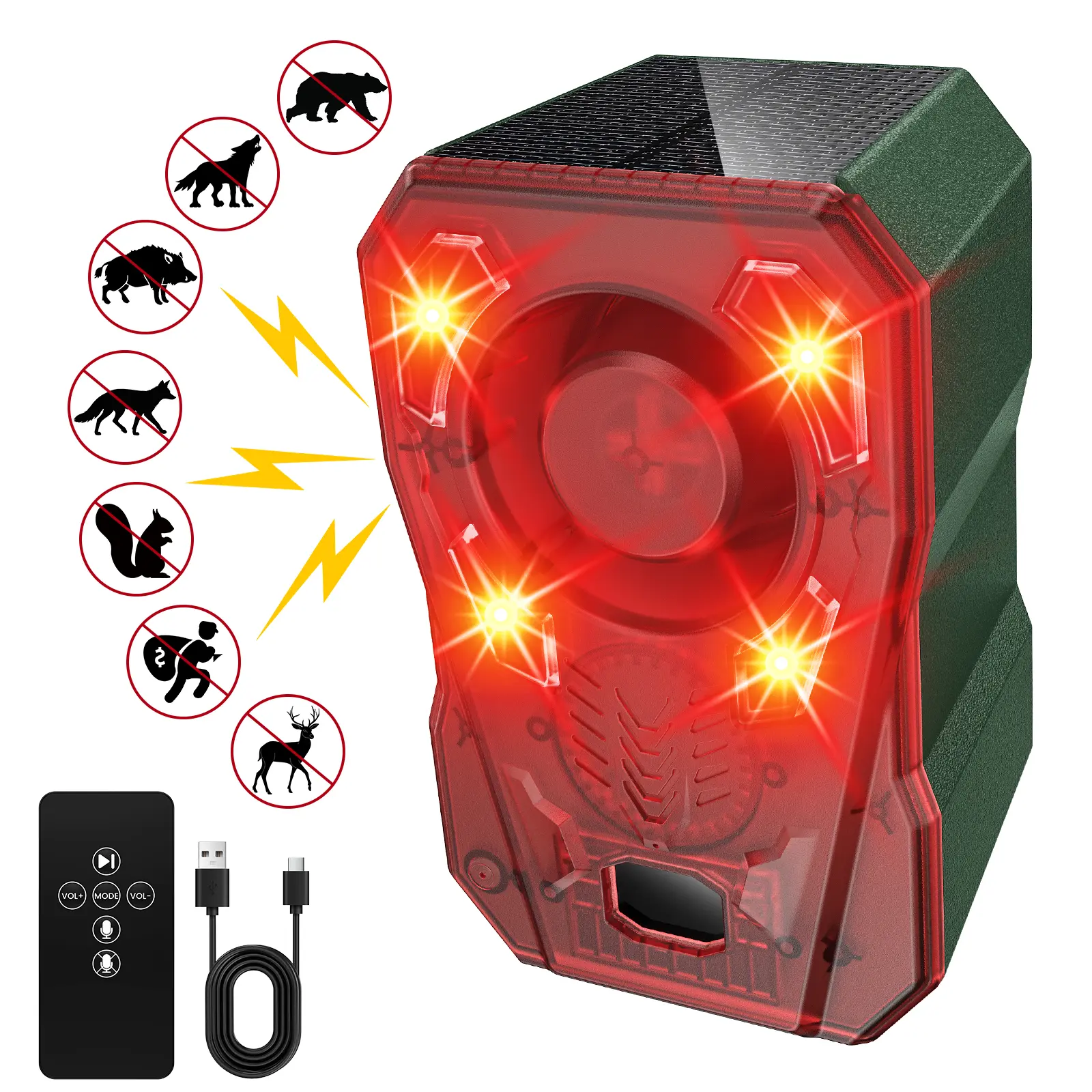 YoungSa Solar-Powered Animal Repeller - 2000mAh USB Rechargeable, Motion Sensor, 130dB Loud Alarm, Strobe Light, IP65 Weatherproof, 10 Alarm Sounds & Voice Recording, Bird-Control for Farms, Repels Squirrels, Birds, Deer, Cats, Skunks, Dogs