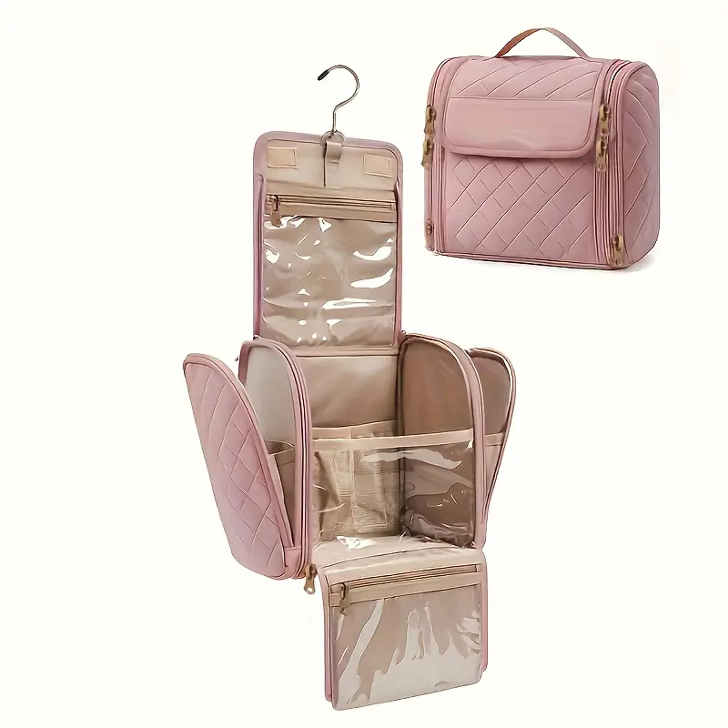 Women's Large Capacity Makeup Bag with Hook Durable Nylon Travel Organizer, Multi-compartment with Mesh Pocket, Machine Washable Toiletry Bag (Pink/Black)