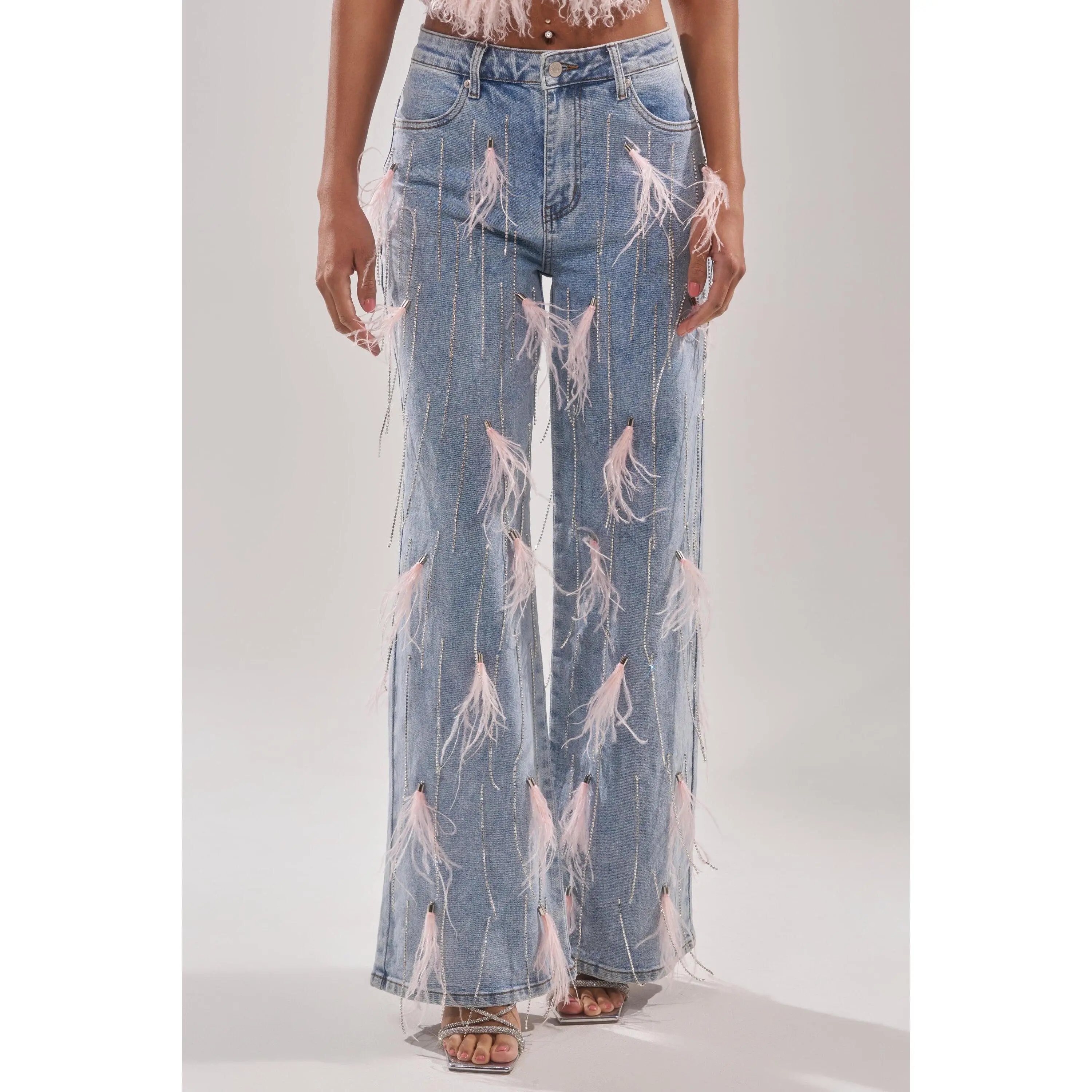 SHAKE IT FOR ME GIRL PINK FEATHER EMBELLISHED DENIM