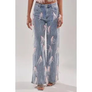 SHAKE IT FOR ME GIRL PINK FEATHER EMBELLISHED DENIM