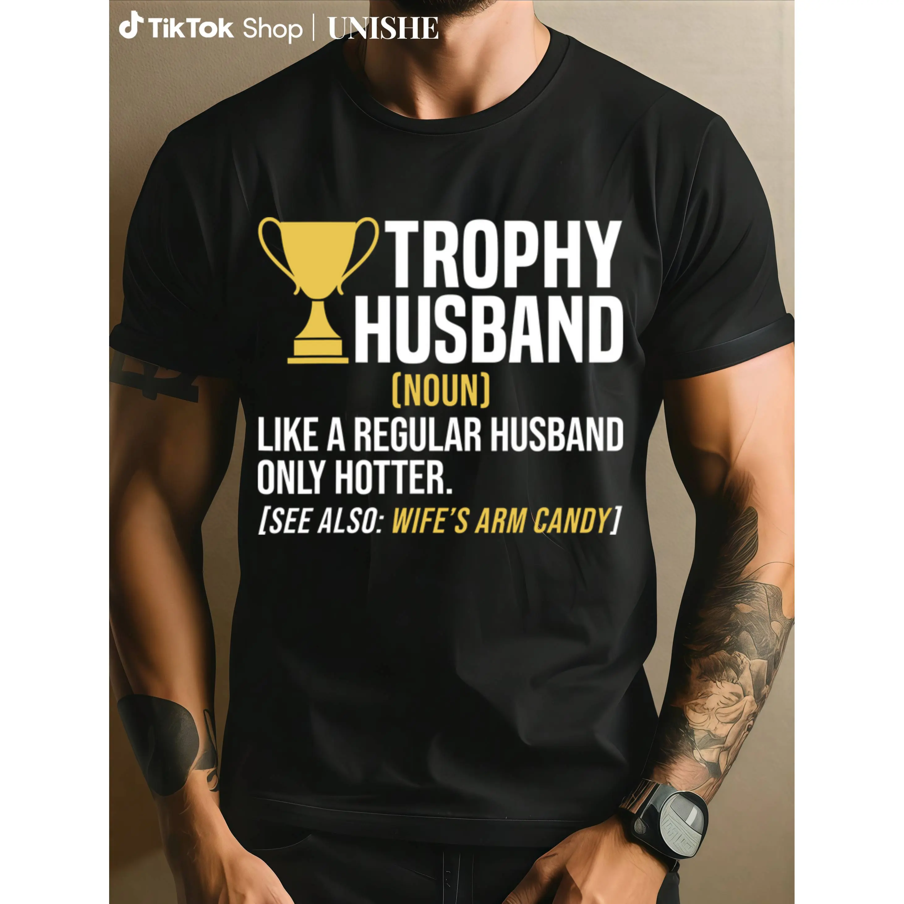 Men's Casual Trophy Husband Graphic T-Shirt - Shortsleeve Lightweight Anniversary Edition, Menswear Made in USA, Tops
