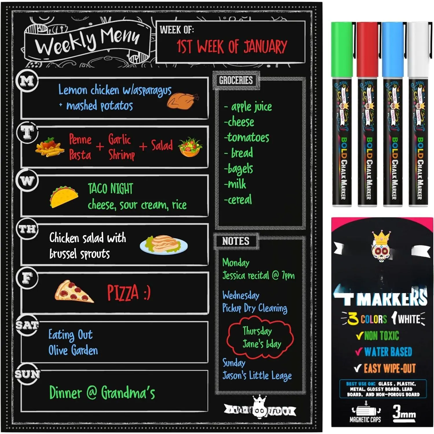 Dry Erase Menu Board for Fridge Includes 4 Liquid Chalk Markers - Weekly Meal Planner Blackboard, Grocery List & Notepad for Kitchen Refrigerator - Chalkboard  15.6" x11.6