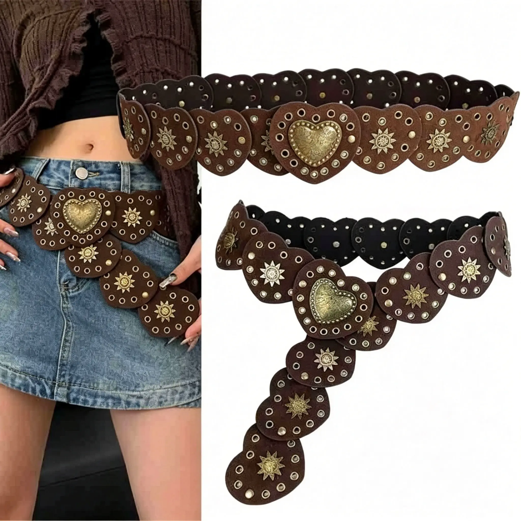Vintage Western PU Leather Waist Belt - Wide, Heart Charm, Cut-Outs, Punk Style Cowboy Women's Belt for Casual, Party Wear