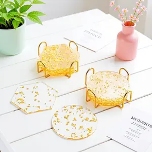 6pcs Luxury Transparent Gold Foil Cup Mats Coasters, Round Hexagonal Insulation Anti-Scald Pads, Suitable for Cocktail Coffee Cups Office Desk