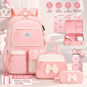 SIMILOVE 4/5PCS Backpack Set for School, Cute Bow School Bags for Kids with Lunch Bag & Pen Case, Lunch Box/Bottle/Headphones, Bookbag for Girls Children Teens Elementary Middle Student  Organiser