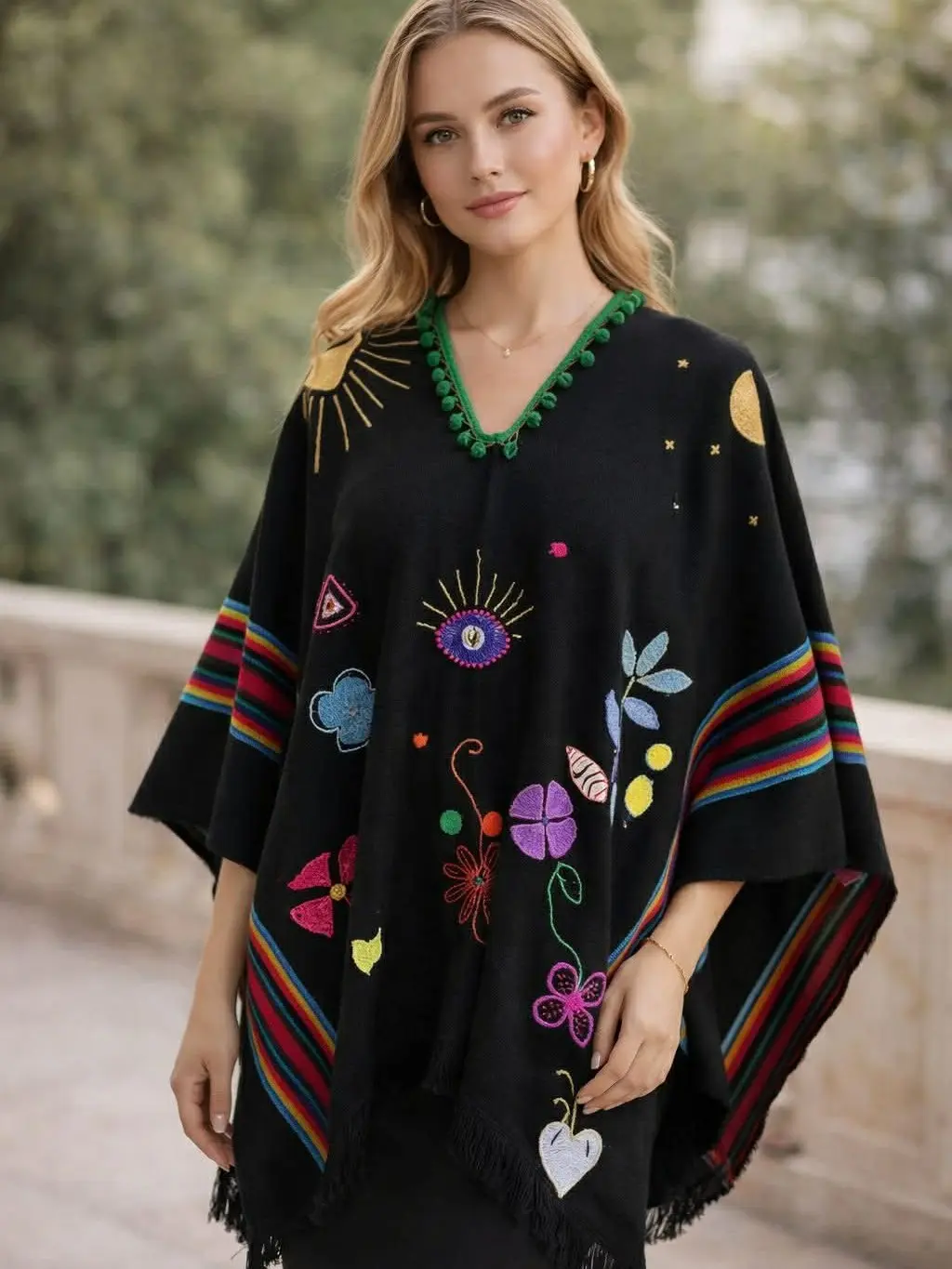 Women's Hand-Embroidered Ecuadorian Poncho - Artisan Patchwork Wrap, Eco-Friendly Boho Andean Shawl, Fall/Winter Festival Layering Piece, Handmade Gift, Recycled Acrylic Fringe Accessory