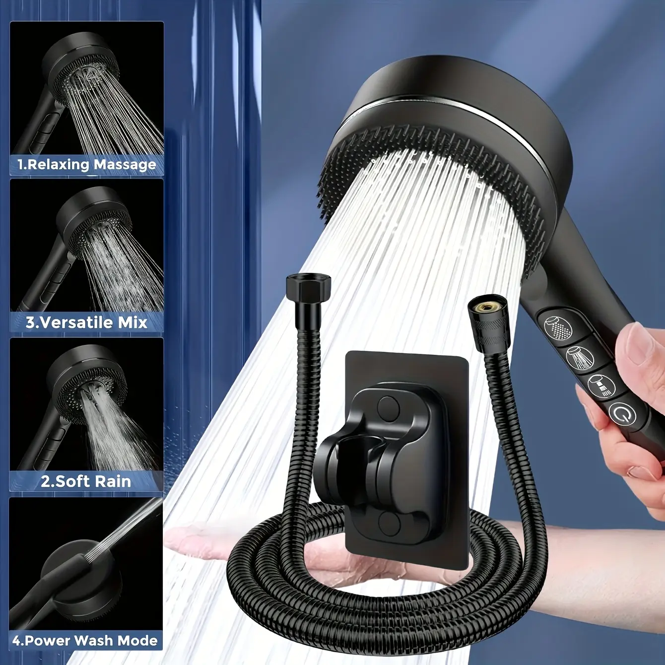 Shower Head Set, 3 Counts/set Including 4 Modes Handheld Shower Head & 1.5m Hose & Punch Free Shower Bracket, Modern Bathroom Shower Water Equipment, Showerhead Shower Kit, Shower Head With Hose
