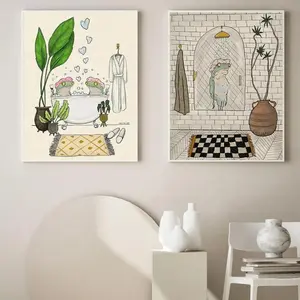 Bathroom Themed Unframed Painting, 2 Counts/set Funny Frog & Plants Pattern Leaf Floral Print Artistic Canvas Wall Art, Wall Decor for Home Bathroom, Decoration Ornaments