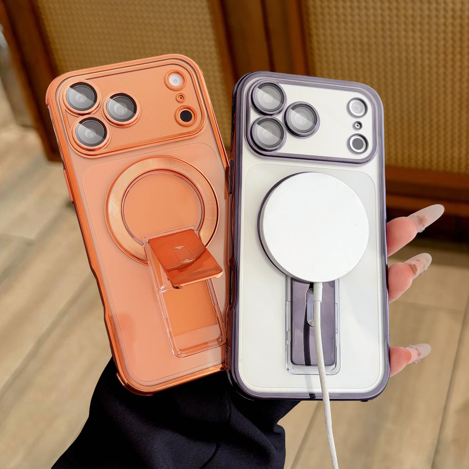 Magnetic Electroplated Clear Case for iPhone 17 Pro Max/17 AIR 16 Pro 15 14 plus 13,Built-in Invisible Kickstand & Camera Lens Protector,Shockproof Protection Transparent Durable Phone Cover