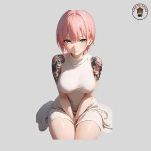 Ichika Tattooed Waifu Sticker, Vinyl Sticker of Pink-Haired Girl with Mandala Belly Tattoo, Car and Laptop Decor