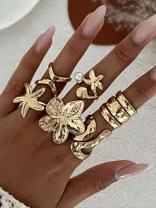 Vintage Ocean Vacation Shell Ring Set, Metal Flower Open Rings, Women's Fashion Accessories Gift, Daily Party Style, Jewelry