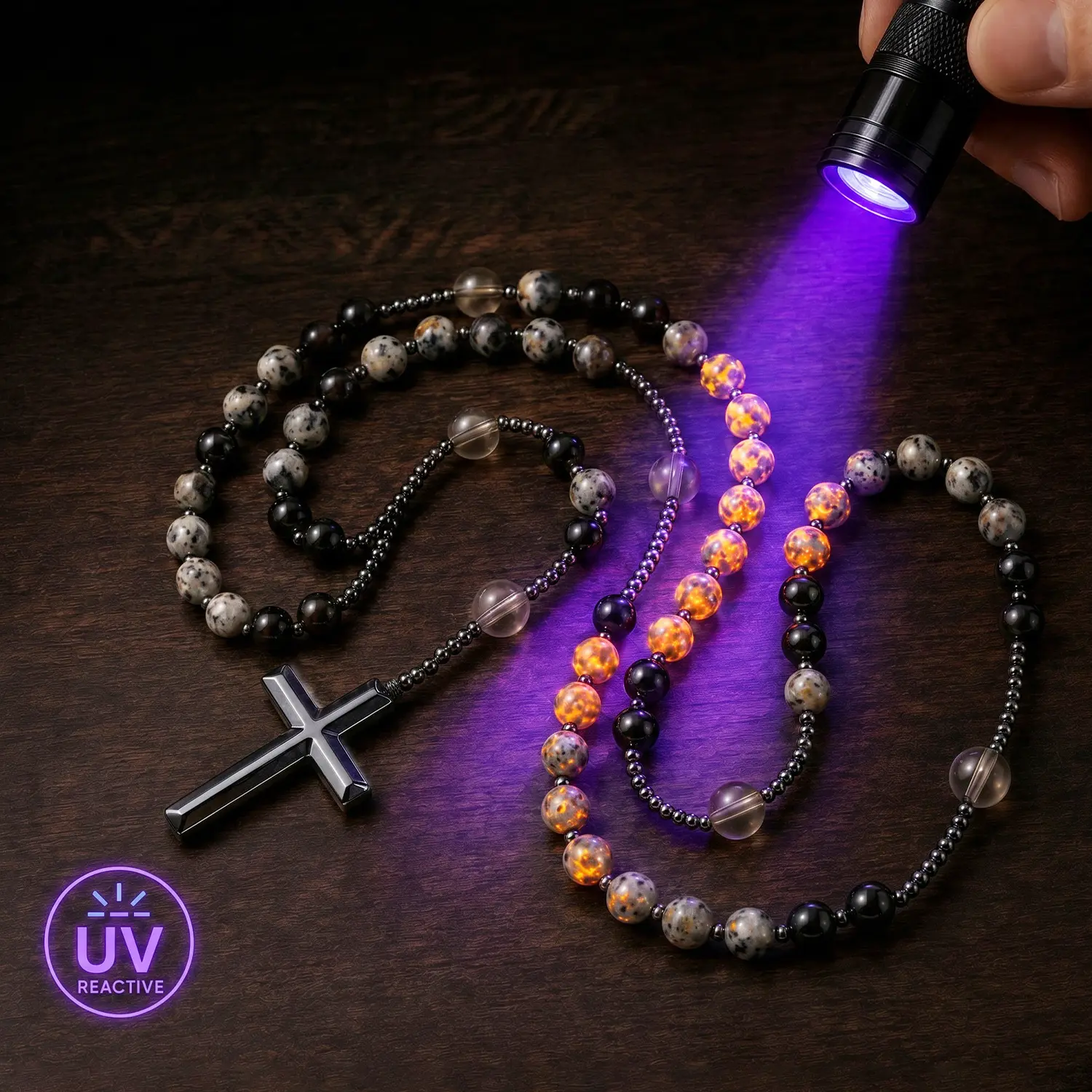Natural Obsidian & Yooperlite Rosary Necklace, UV Reactive Protection Crystal Necklace with Hematite Stone Cross Pendant, Spiritual Healing Jewelry Gift for Women & Men