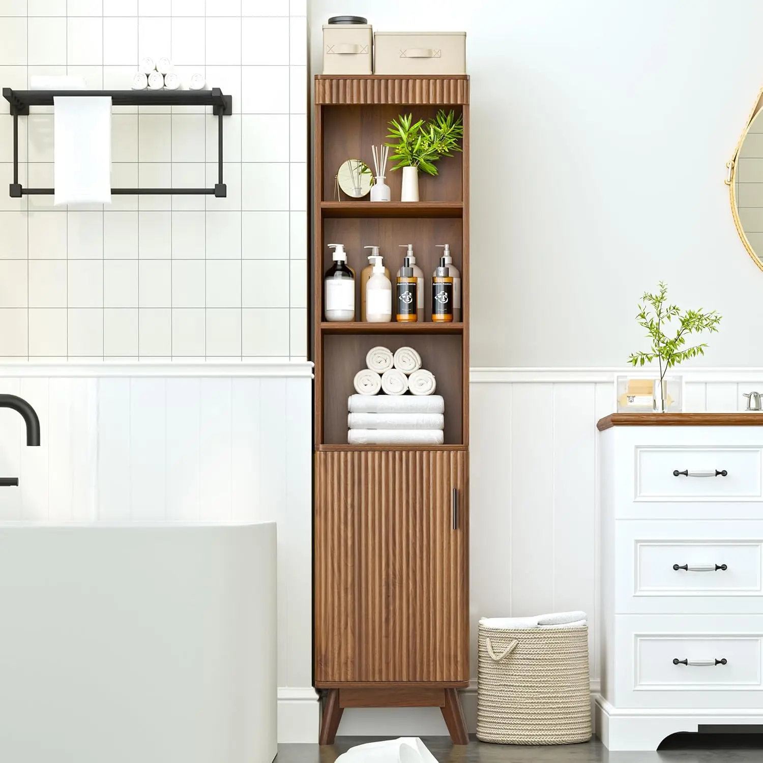 FurSch 68" Tall Bathroom Storage Cabinet,Narrow Fluted Tower Cabinet with Door and Shelves,Slim Space Saving Storage Unit for Bathroom Kitchen Living Room