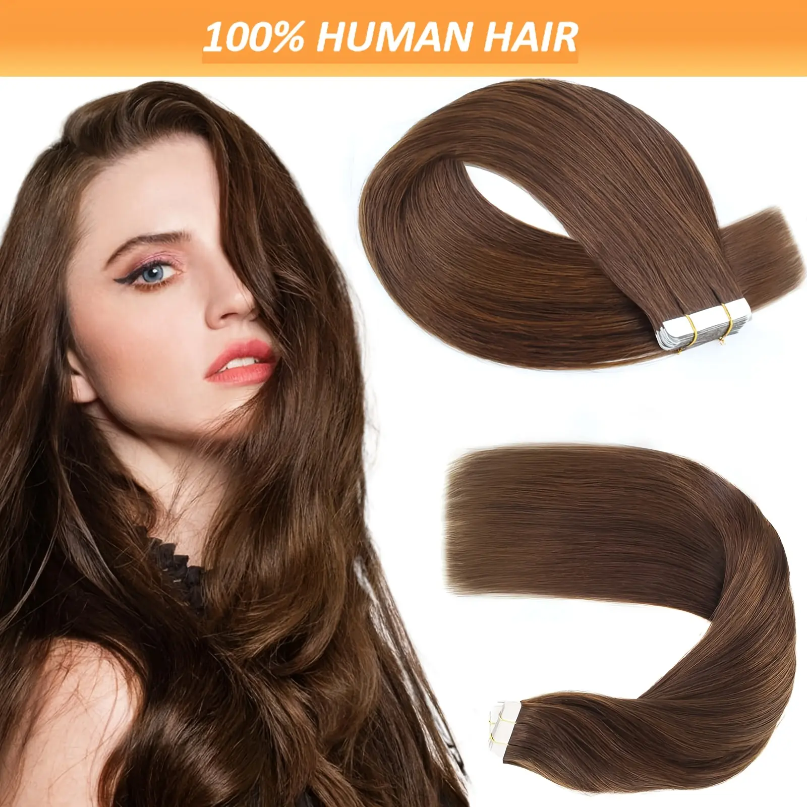 Women's Salon-Quality Real Remy Brazilian Hair Extensions - #4 Light Brown Natural Straight Tape-In Adhesive Glue-On Skin Weft (Wholesale Available)