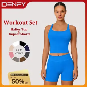 DENFY Two-Piece Suit Impact Halter Top & Workout Shorts mwear Women's Tank Tops Activewear Shorts Gym Sportswear