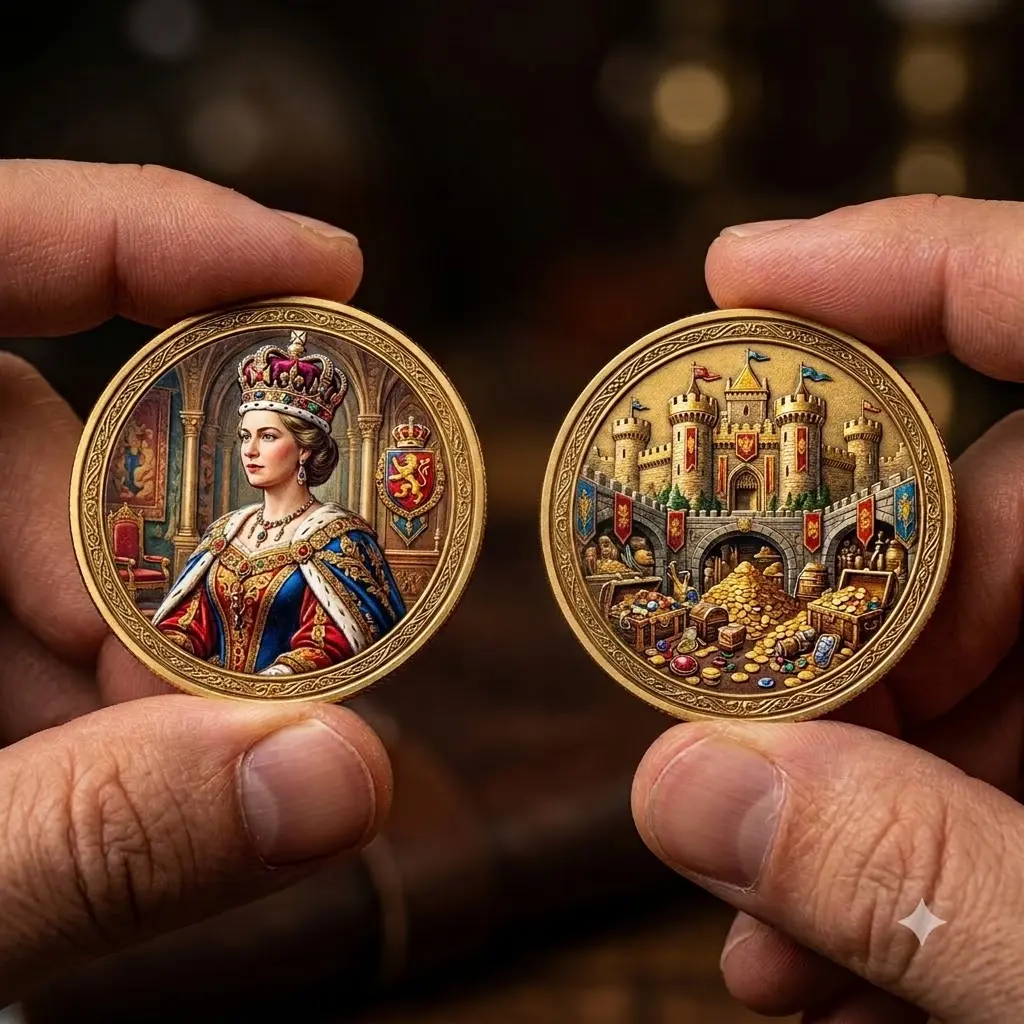 Medieval Royal Collection Double-Sided Color Challenge Coin | King & Queen Fantasy Commemorative Coin | Medieval Crown, Castle, Knight, Heraldic Crest | Collectible Gift for History Lovers, Renaissance Art, Royal Kingdom Keepsake