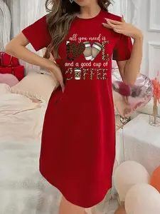 SZG Soft & Slightly Stretchy Women's Nightgown with Coffee Print Short Sleeve Round Neck Casual Loungewear for Halloween Christmas & Thanksgiving