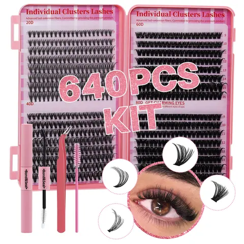 DIY Cluster Lashes Kit (20D, 40D, 60D, 80D 20406080 Set) - D Curl Dramatic Makeup Extension Kit with Bond, Seal, Tweezer, Brush, Includes Lash Tools for At-Home Application