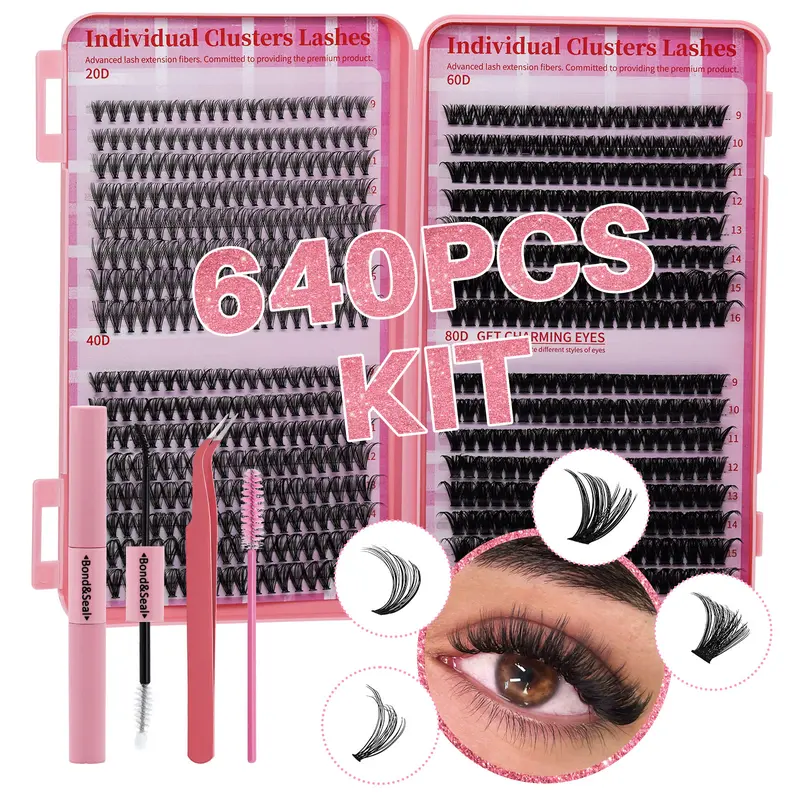 DIY Cluster Lashes Kit (20D, 40D, 60D, 80D 20406080 Set) - D Curl Dramatic Makeup Extension Kit with Bond, Seal, Tweezer, Brush, Includes Lash Tools for At-Home Application