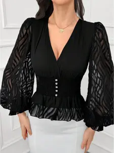 A women's elegant deep V-neck puff sleeve waist pleat design hem and sleeve semi-through perspective mesh detail blouses shirt