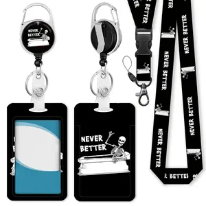 Funny Skeleton Pattern Lanyard with Badge Holder, Id Card Holder, 1 Count Retractable Badge Reel Holder, Work Card Name Tag Keychain Lanyard, Card Protector, Removable Cardholder for Women Nurse, Retractable Badge Holders