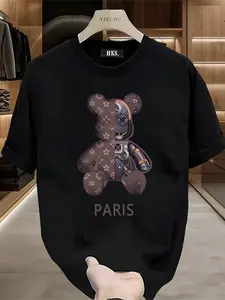 Stylish T-shirt with teddy bear print printed on it，suitable for both men and women. The men's round neck has a street style for summer and spring, with a round neck and short sleeves for casual wear