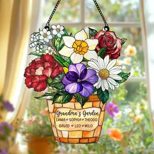 Personalized Birth Flower Acrylic Suncatcher | Custom Family Name Faux Stained Glass | Mother's Day Gift for Mom & Grandma | Window Decor