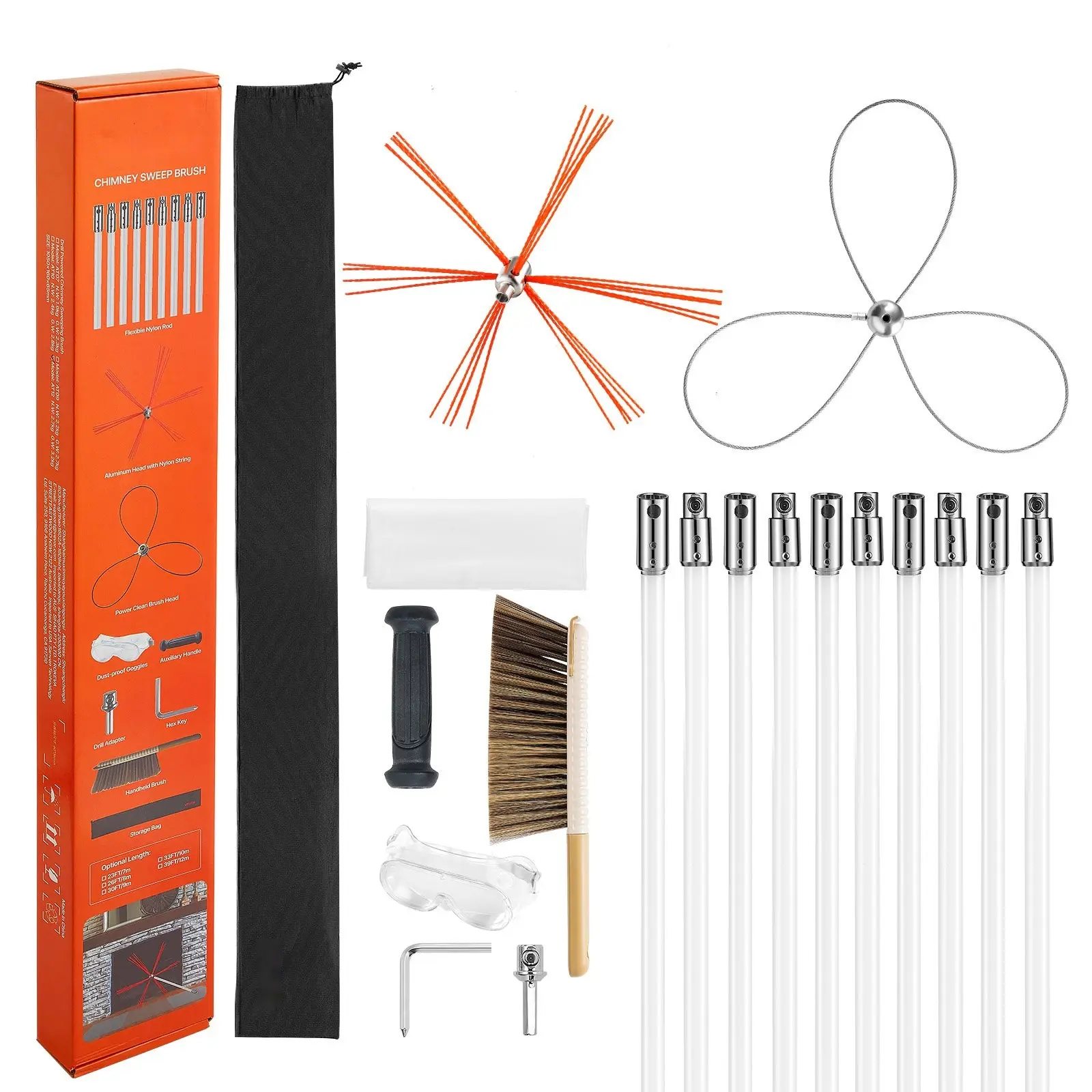 Chimney Sweep Kit With 33 Ft Extendable Length Chimney Brush, Dual-Head Cleaner, Goggles, And Fireplace Cleaning Tool For Square, Rectangular, And Arch Chimneys, Long Reach Cleaning Set