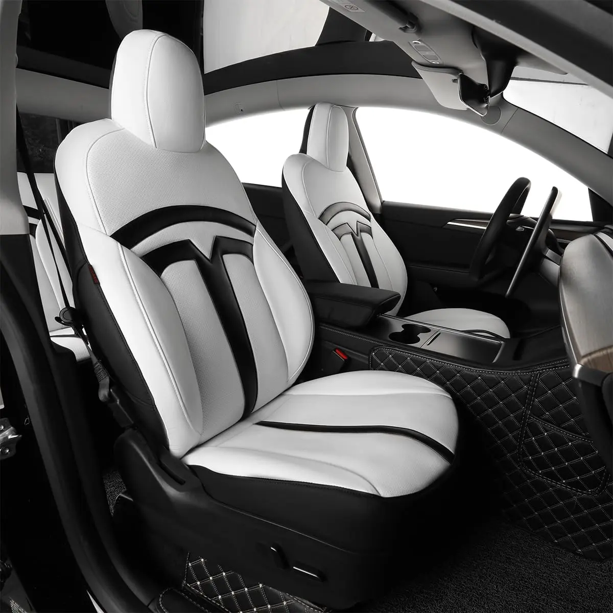 EKR Custom Fit Tesla Model Y Car Seat Covers (Fits 2020-2026 Long Range/Performance/Standard Range 5-Seat Only) Full Leather Limited Edition LOGO White Waterproof Stain-Resistant Easy Install Seat Protection Interior Upgrade 2 Year Warranty fathersdaygift
