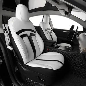 EKR Custom Fit Tesla Model Y Car Seat Covers (Fits 2020-2026 Long Range/Performance/Standard Range 5-Seat Only) Full Leather Limited Edition LOGO White Waterproof Stain-Resistant Easy Install All-Season Car Seat Protection Interior Upgrade 2 Year Warranty