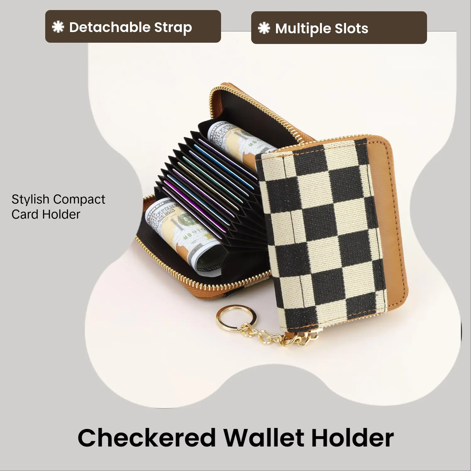 Women's Minimalist Checkered Wallet, Small High-Quality Fabric Card Holder with Multiple Slots for Wallet Storage, Detachable Wrist Strap, Coin Compartment, and Slip-On Closure.