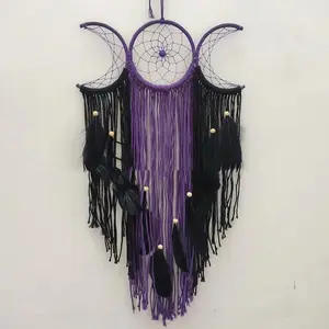 Triple Moon Goddess Macrame Wall Hanging Boho Half Moon Large Dream Catcher Decor Home Bedroom Chic Purple & Black Feather Tassel Decor