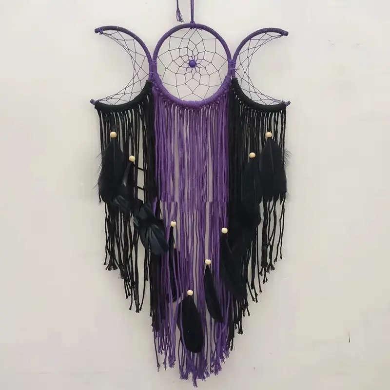 Triple Moon Goddess Macrame Wall Hanging Boho Half Moon Large Dream Catcher Decor Home Bedroom Chic Purple & Black Feather Tassel Decor