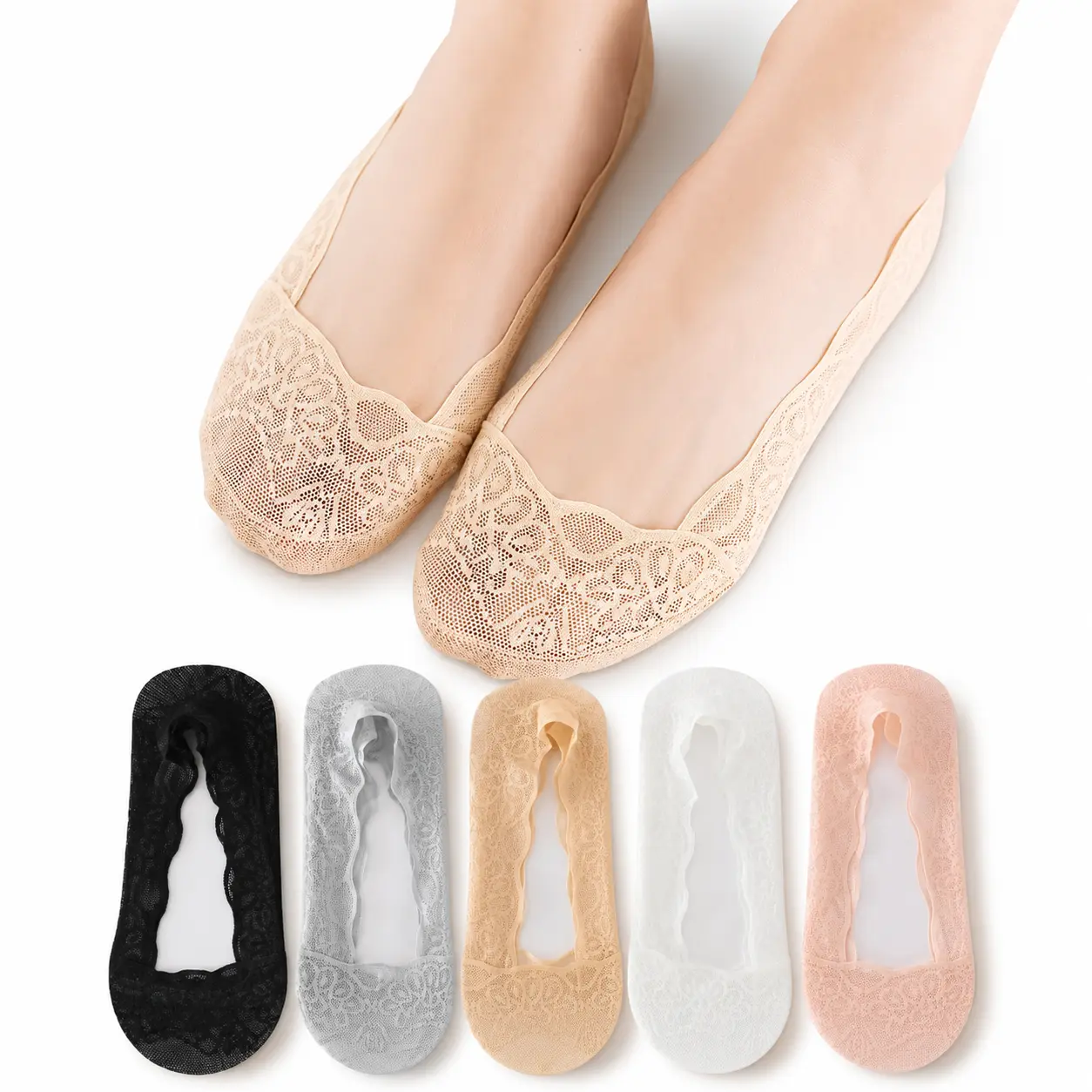 Women's 5-Pair Sheer Lace No-Show Ankle Liners, Soft Solid Pattern Socks for Loafers, Flats, Skin Tone
