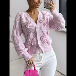 Women's Bow Front Raglan Sleeve Sweater Cardigan Long Sleeve Button Front Knitwear Fall Winter Daily Wear Feminine Detail Design