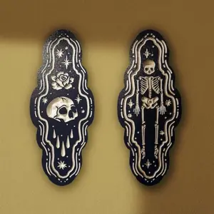 Miniature Woodcuts. Skull/Skeleton, Folk Art Skeleton Coffin Relief Print| Halloween Decor | Memento Mori | Gallery Wall, Tombstone Wall Art, Home Decorations, Gifts, Funny Decorations, Gothic Decor, Occult Aesthetic, Wiccan Gift, Spooky Decor