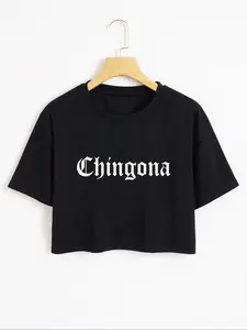 Women's Letter Print Round Neck Crop Loose Tee, Casual Short Sleeve Crew Neck Jersey T-Shirt for Daily Wear, Ladies Clothes for All Seasons, Clothing