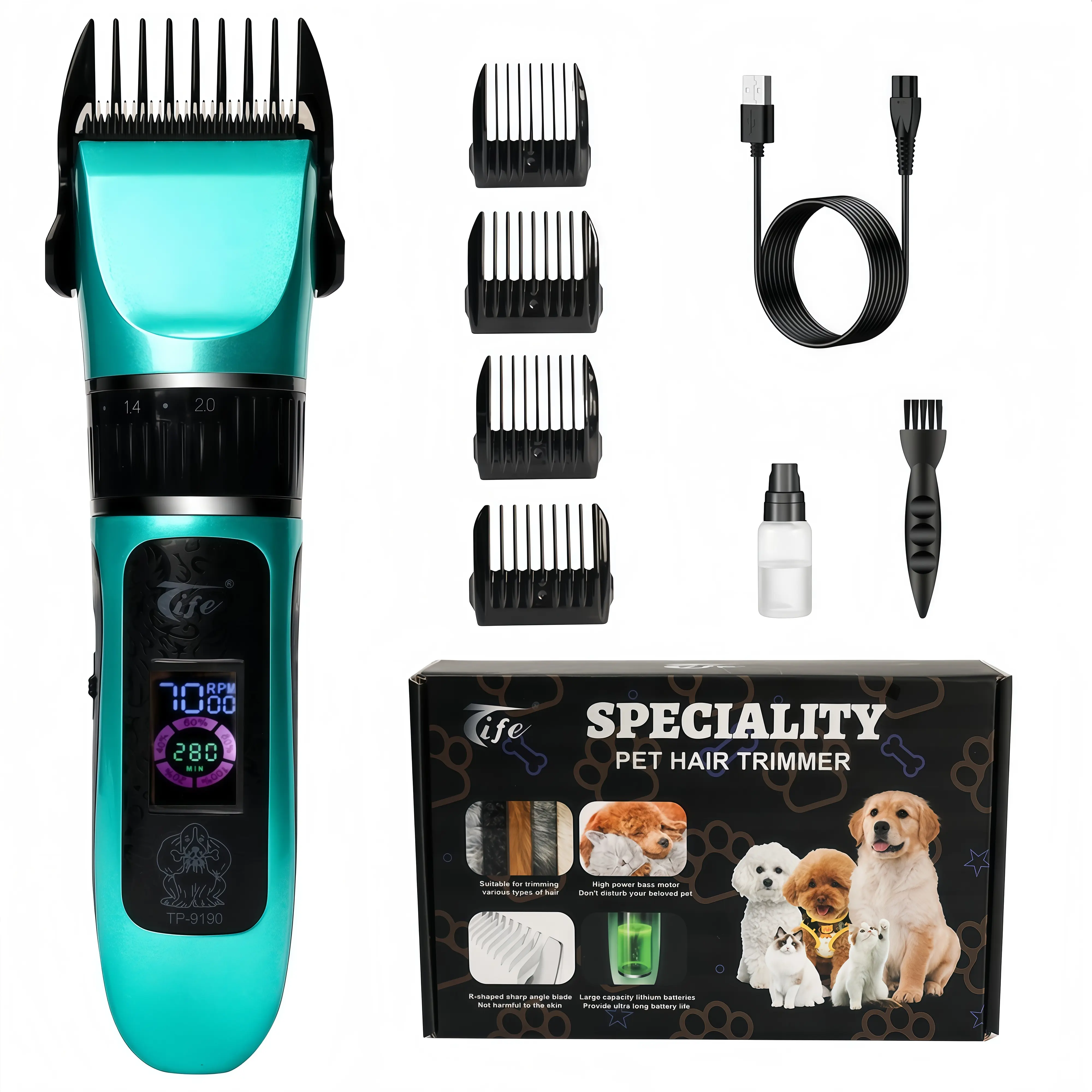 Tife Rechargeable Pet Hair Trimmer Complete Kit - ABS Plastic Cordless Quiet Waterproof Portable Clippers, Universal Fit Thick Hair Cut Tool for Cats and Dogs
