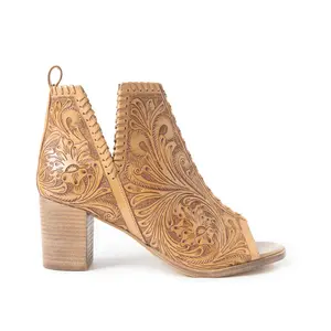 Myra Persimmonee Embossed Leather Heels for Women Open Toe, Mid Block Heel, Western Cowgirl Fashion for Rodeo Evenings