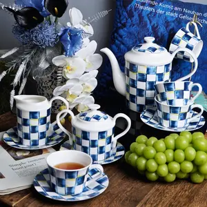 Blue & White Lattice Pattern Tea Set, 1 Set  Exquisite Teapot & Teacup & Tea Plate, Elegant Tea Set for Home Office Dining Room Use