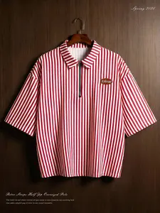 Men's Vintage and Striped Half-Zip Polo Shirt with Graphic Pattern, Loose-Fitting and Breathable Design for Casual Outings, Coffee Shop Visits and Campus Commutes