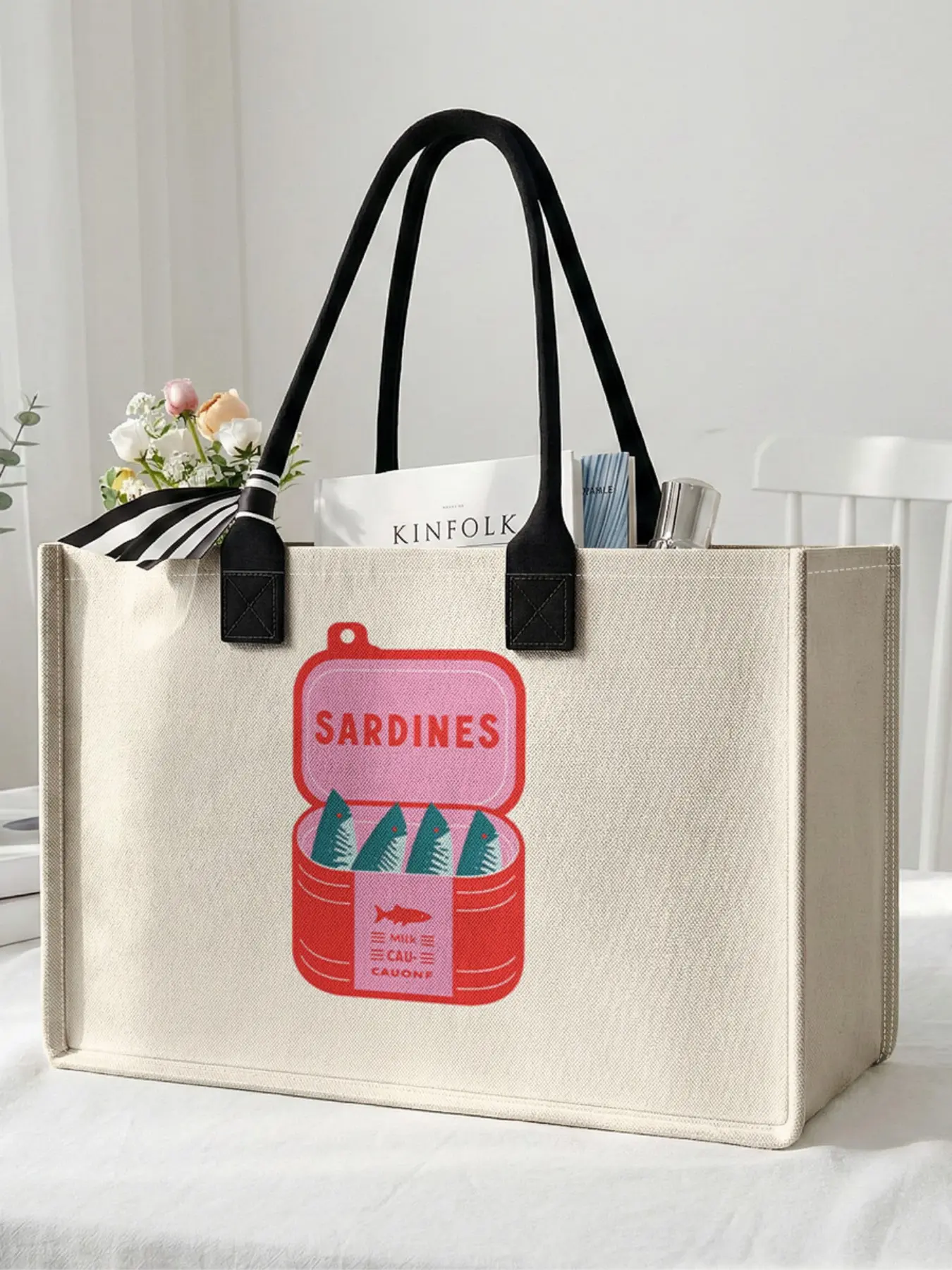1 piece of sardine can pattern 2D printed large capacity storage bag, extra large storage bag, sturdy handle, space-saving multi-purpose, Shopper Tote Bag, suitable for going to school, traveling, shopping, Tote Bag