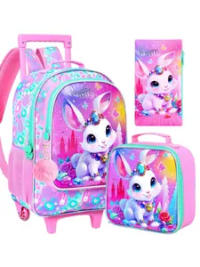 3Pcs Rolling Backpack for Girls, Kids Roller School Backpack with Wheels, Bunny Wheeled Bookbag for Elementary Preschool Kindergarten(Pink)
