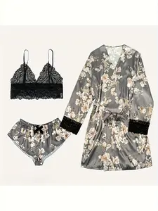 Women’s pajama set, 3 pieces: printed casual sleepwear [robe, camisole, shorts]; lace-paneled women’s loungewear; sports outfit Floral Womenswear