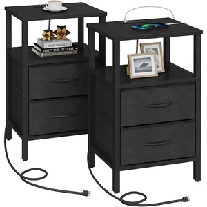 End Table with  Station, Side Table with 2 USB Ports and Outlets, Nightstand with Cloth Drawer, Set of 2, Couch Table, Black TB01BK067