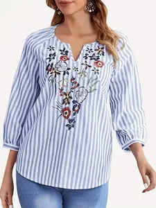 Women's New Elegant Floral Embroidery V-Neck Long Sleeve Shirt, Chic Casual Bohemian Casual Fitted Boho Cottagecore Blouse for Spring & Fall, Patchwork Design, Casual Boho Blouses, Boho Style Shirt