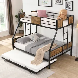 Eyisean Twin Over Full Size Modern Metal Bunk Bed with Trundle, Heavy-Duty Triple Bunk Beds with 2 Side Ladders & Safety Guardrail, No Box Spring Needed, Space-Saving Bed Frame for Bedroom, Dorm